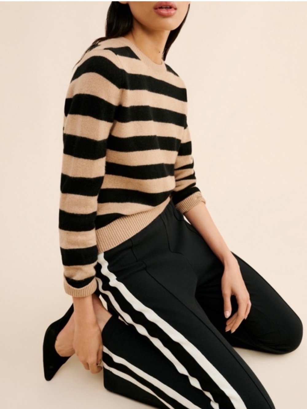 Anthropologie Jumper 1234 Little Stripe Cashmere Crew Neck Sweater Camel/Black